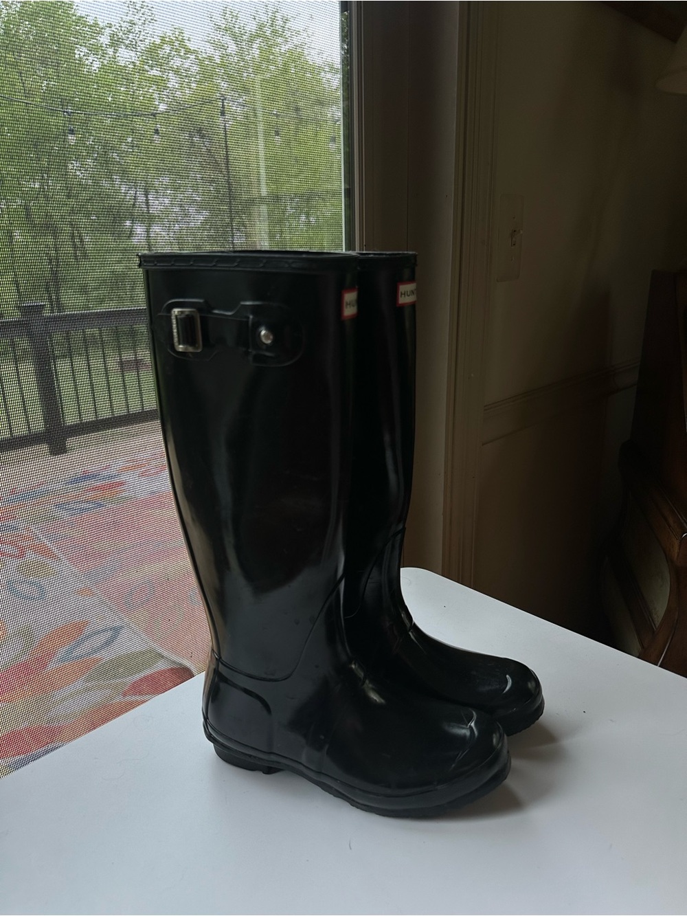 Hunter Gloss Black Tall Rain Boots with Buckle Detail